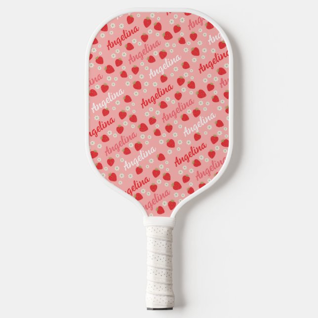 Pink Strawberry Custom Name Cute Pickleball Paddle (Front)