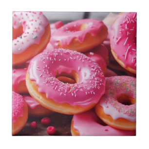 Pink Strawberry Doughnuts Ceramic Tile