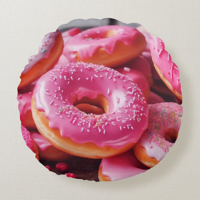 Pink Strawberry Doughnuts Round Cushion (Front)