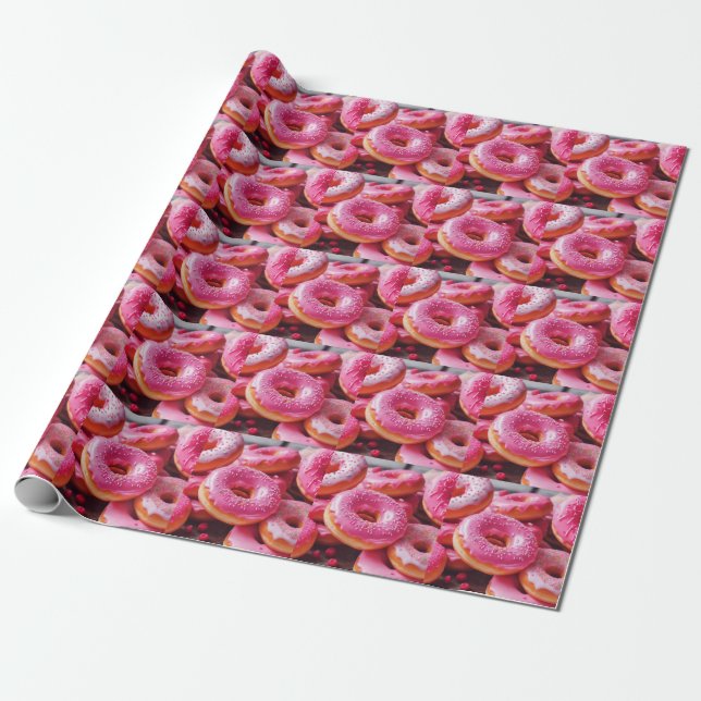Pink Strawberry Doughnuts Wrapping Paper (Unrolled)