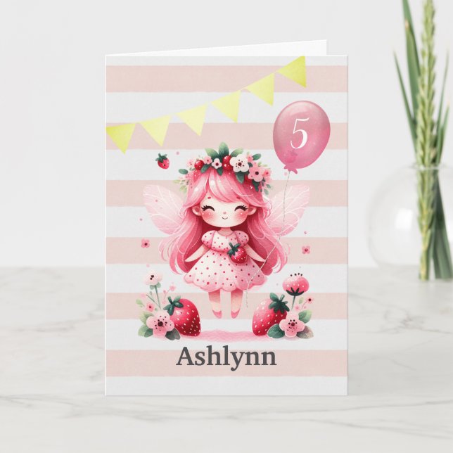  Pink Strawberry Fairy 5th Birthday Card (Front)