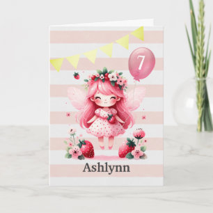 Pink Strawberry Fairy 7th Birthday Card