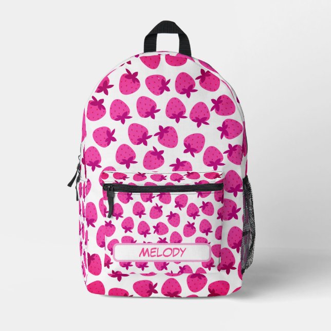 pink strawberry field summer nature fruit initial printed backpack (Front)