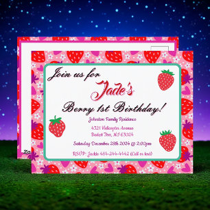 Pink Strawberry First Birthday Invitation Postcard