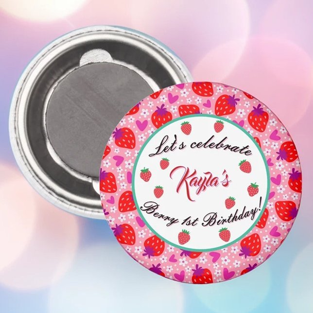 Pink Strawberry First Birthday Party Personalised  Magnet (Creator Uploaded)