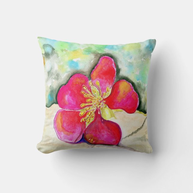Pink Strawberry Flower Watercolor Cushion (Front)