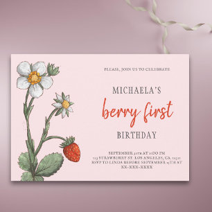 Pink Strawberry Flowers Berry First Birthday Invitation