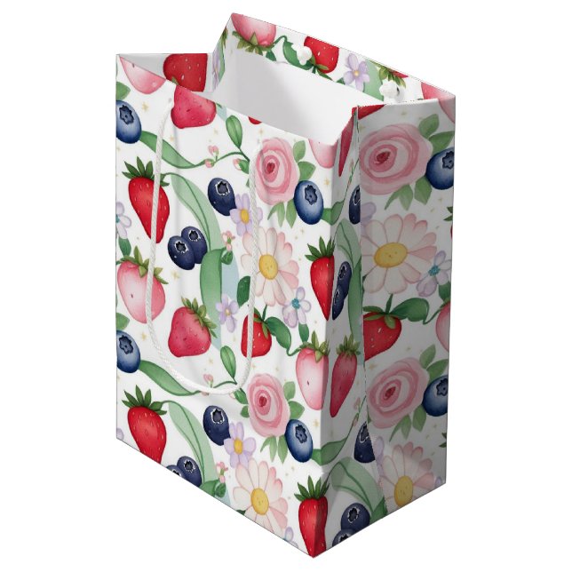 Pink Strawberry flowers Birthday Party for her Medium Gift Bag (Front Angled)