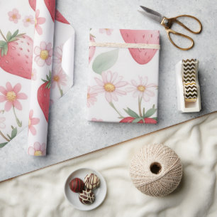 Pink Strawberry flowers Birthday Party for her Wrapping Paper
