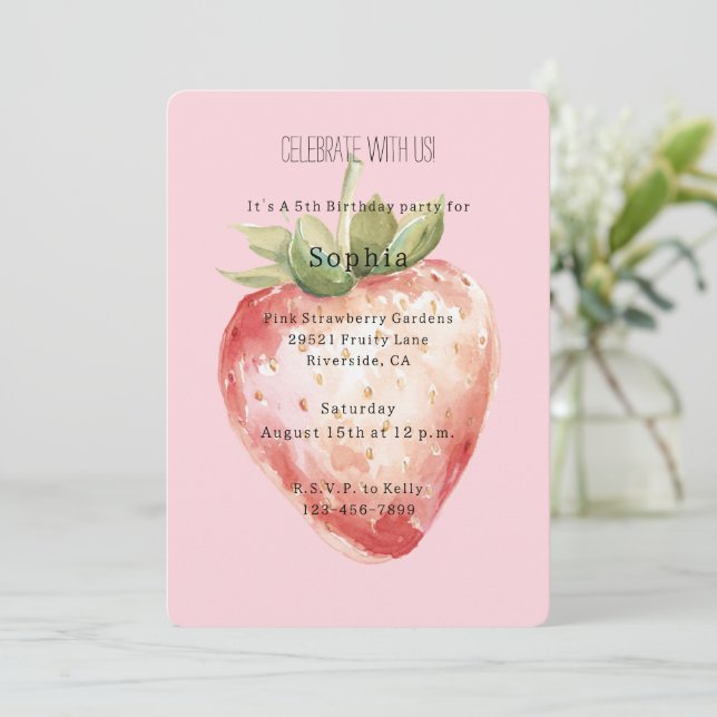 Pink Strawberry Fruit Birthday Invitation (Standing Front)