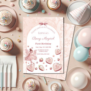 Pink Strawberry Hearts Fairy Girl Birthday Invitat Invitation