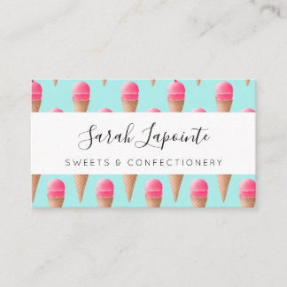 Pink Strawberry Ice Cream Cone Pattern, Blue Business Card