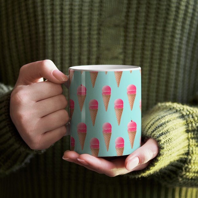 Pink Strawberry Ice Cream Cone Pattern, Blue Coffee Mug (Blue and Pink Ice Cream Patterned Mug)