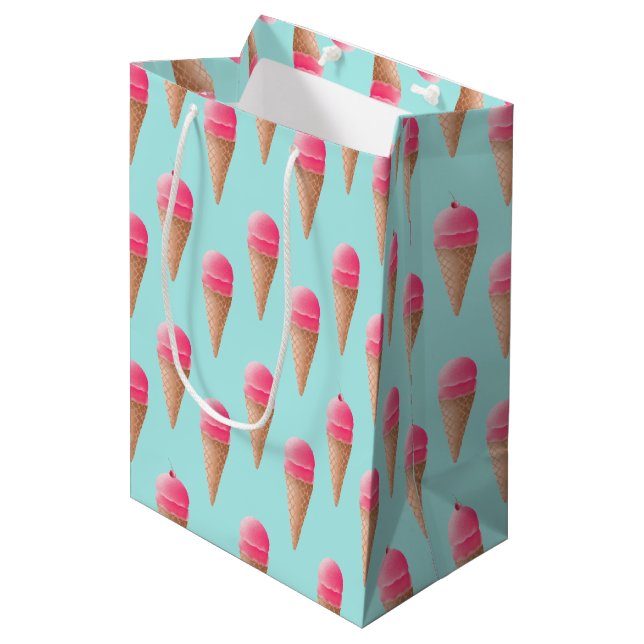 Pink Strawberry Ice Cream Cone Pattern, Blue Medium Gift Bag (Front Angled)