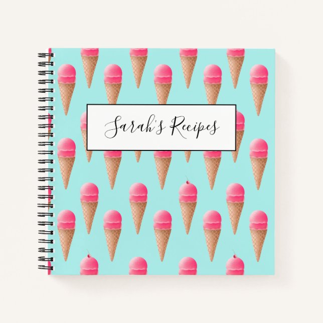 Pink Strawberry Ice Cream Cone Pattern, Blue Notebook (Front)