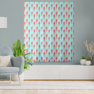 Pink Strawberry Ice Cream Cone Pattern, Blue Tapestry
