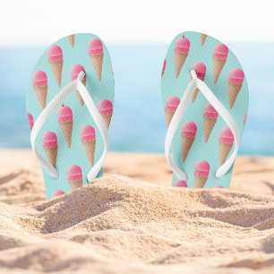 Pink Strawberry Ice Cream Cone Pattern, Blue Thongs