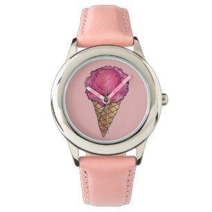 Pink Strawberry Ice Cream Scoop Waffle Cone Watch