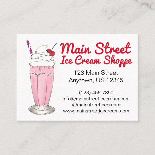 Pink Strawberry Ice Cream Shake Milkshake Custom Business Card (Front)