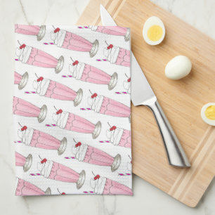Pink Strawberry Ice Cream Shake Milkshake Print Tea Towel