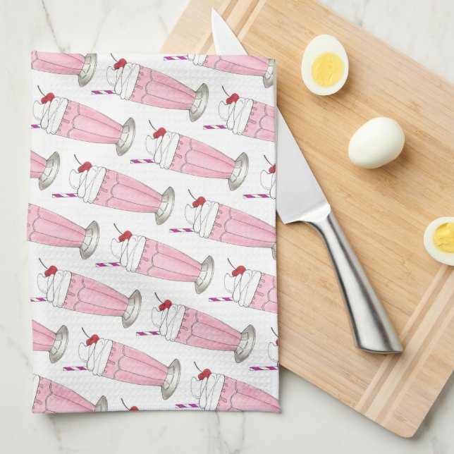 Pink Strawberry Ice Cream Shake Milkshake Print Tea Towel (Quarter Fold)