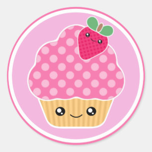 Pink Strawberry Kawaii Cupcake Stickers
