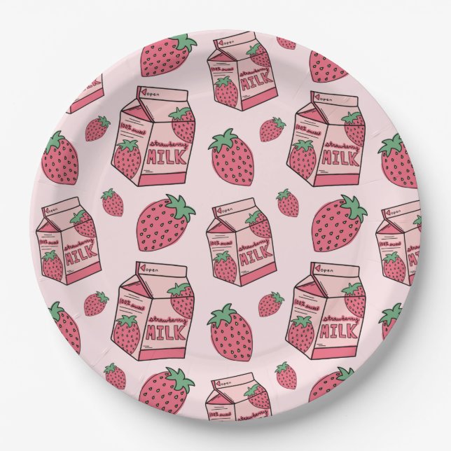 Pink Strawberry Milk Pattern Birthday Party Paper Plate (Front)