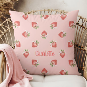 Pink Strawberry Pattern Coquette Bow Cushion
