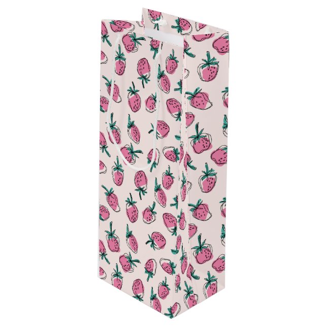 Pink strawberry pattern wine gift bag (Front Angled)