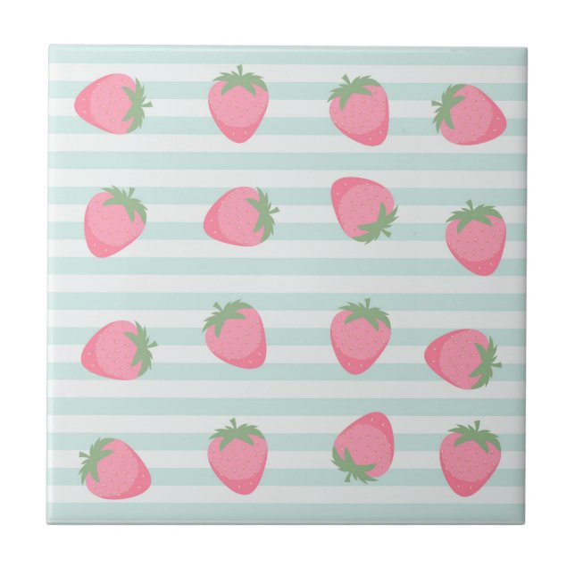 Pink Strawberry Stripes Ceramic Tile (Front)