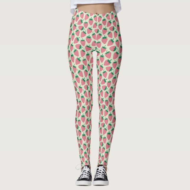 Pink Strawberry Summer Pattern Leggings (Front)