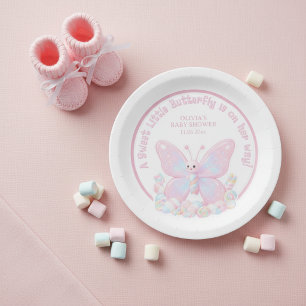 Pink Strawberry Sweet Butterfly Girl Baby Shower  Paper Plate