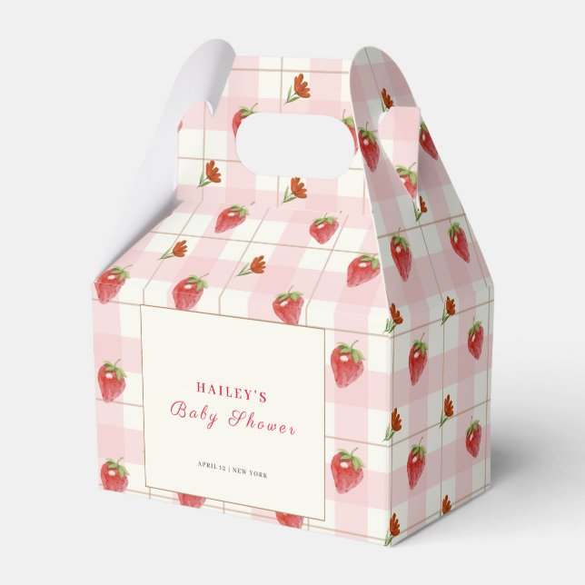 Pink Strawberry Sweet Gingham Baby Shower Favour Box (Front Side)