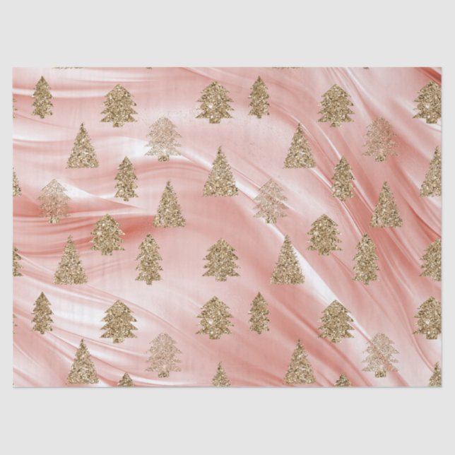Pink Streak Gold Glitter Glam Christmas Trees Tissue Paper (Front)