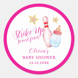 Pink Strike Up Some Fun Bowling Sport Baby Shower  Classic Round Sticker