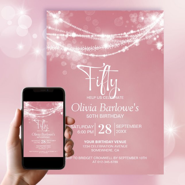 Pink String Lights 50th Birthday Party Invitation (Creator Uploaded)