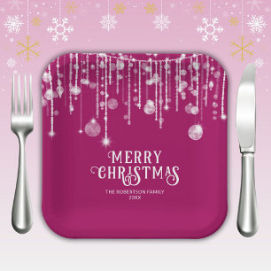 Pink String Lights Christmas Party Paper Plate
