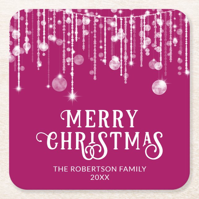 Pink String Lights Christmas Party Square Paper Coaster (Front)