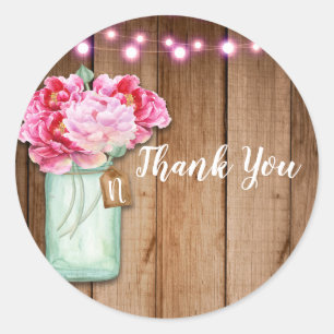 Pink String Lights & Mason Jar Flowers Rustic Wood Classic Round Sticker