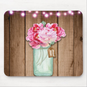 Pink String Lights & Mason Jar Flowers Rustic Wood Mouse Pad