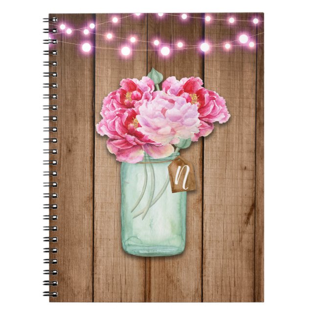 Pink String Lights & Mason Jar Flowers Rustic Wood Notebook (Front)