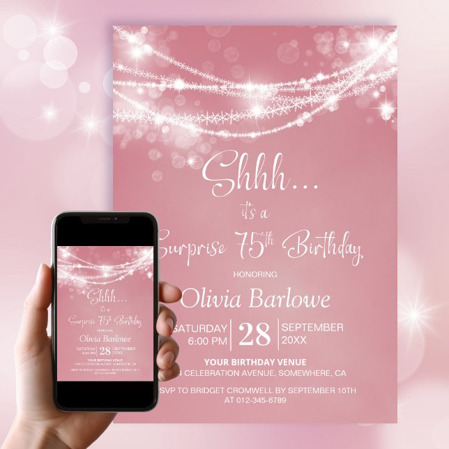 Pink String Lights Surprise 75th Birthday Party Invitation (Creator Uploaded)