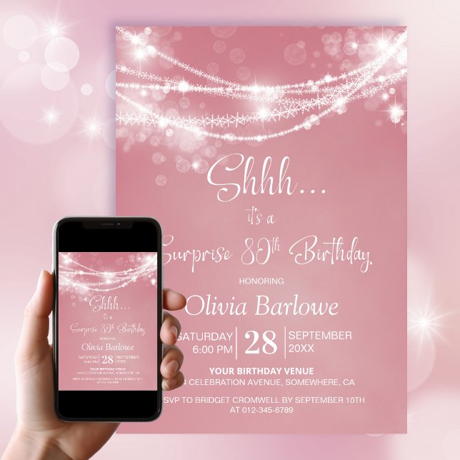 Pink String Lights Surprise 80th Birthday Party Invitation (Creator Uploaded)