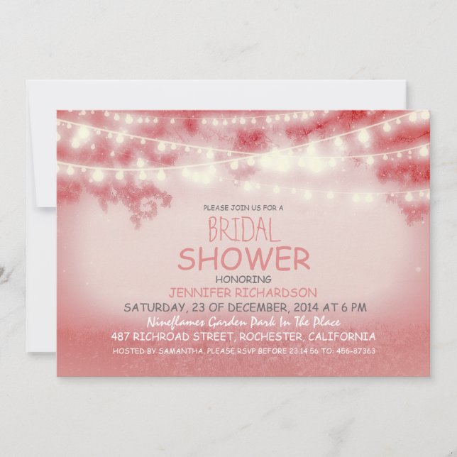 pink string of lights rustic bridal shower invitation (Front)