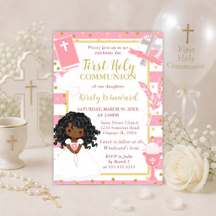 Pink Stripe African American Girl First Communion Invitation