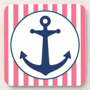 Pink Stripe and Navy Anchor Coaster