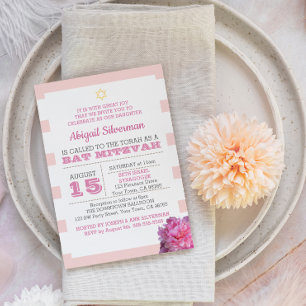 Pink Stripe and Peony Bat Mitzvah Invitation