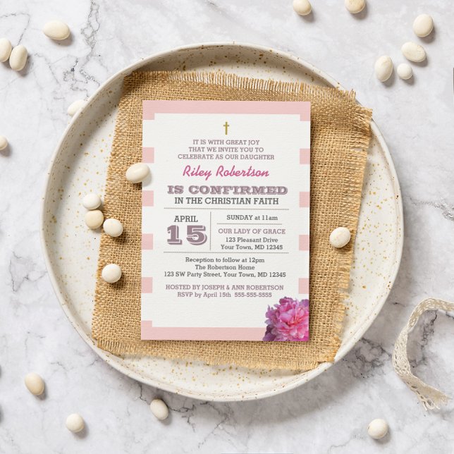 Pink Stripe and Peony Confirmation Invitation (Creator Uploaded)