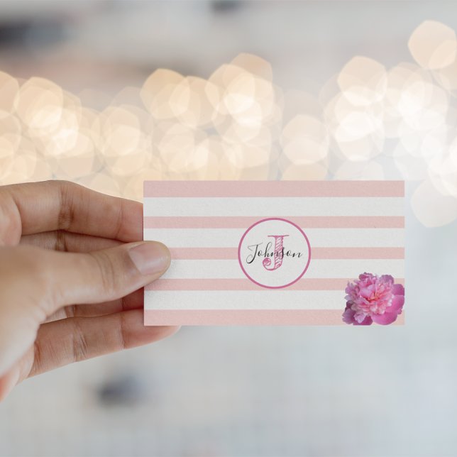 Pink Stripe and Peony Monogrammed Business Card (Creator Uploaded)