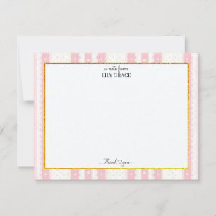 Pink Stripe and white Flower Gold Frame Thank You Card